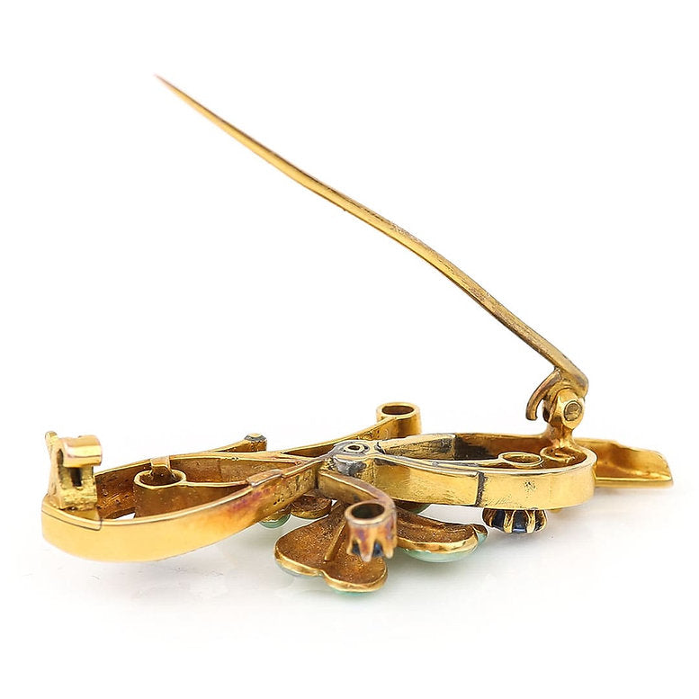 Antique Art Nouveau Sapphire Pearl and Enamel Flower Brooch in 15ct Yellow Gold