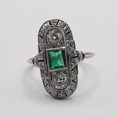 Art Deco Emerald and Diamond Trilogy Tablet Plaque Ring