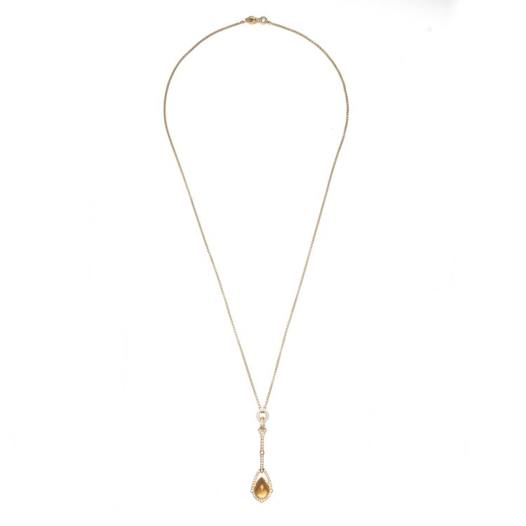 Stephen Webster Crystal Haze Collection Necklace; featuring a luminous Citrine and mother of pearl doublet surrounded by a halo of 0.78cts pave set diamonds, on an 18ct yellow gold chain with a secure hidden box clasp. Made in England, London, Circa 2007