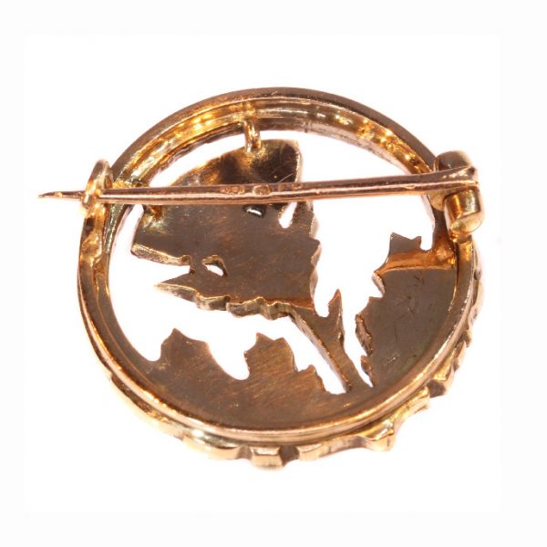 Victorian / Art Nouveau Enamel Thistle Brooch with Rose Cut Diamonds