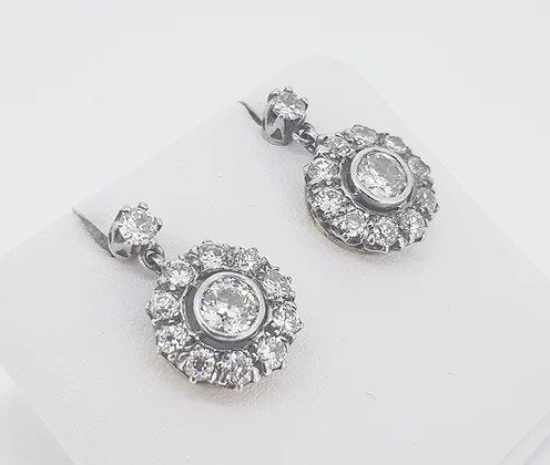 Old Cut Diamond Cluster Drop Earrings, 2.50 carat total