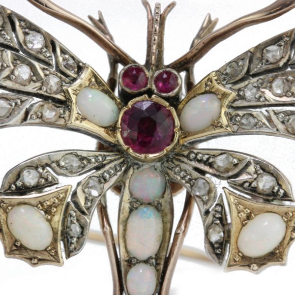 Antique Victorian Butterfly Brooch with Opals, Rubies and Diamonds