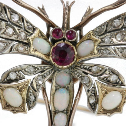 Antique Victorian Butterfly Brooch with Opals, Rubies and Diamonds