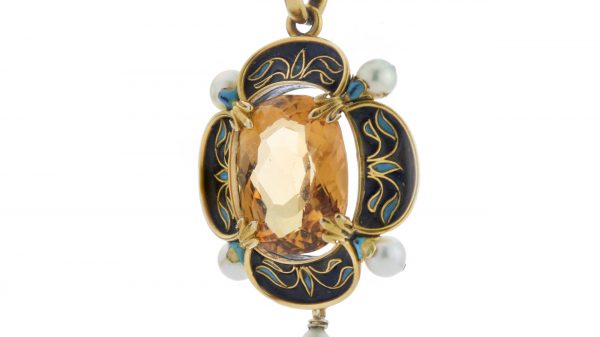 Antique Victorian Citrine, Enamel and Pearl Pendant in 15ct gold, Circa 1870s