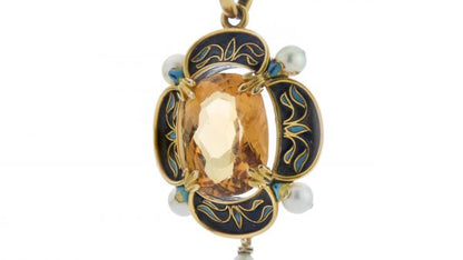 Antique Victorian Citrine, Enamel and Pearl Pendant in 15ct gold, Circa 1870s
