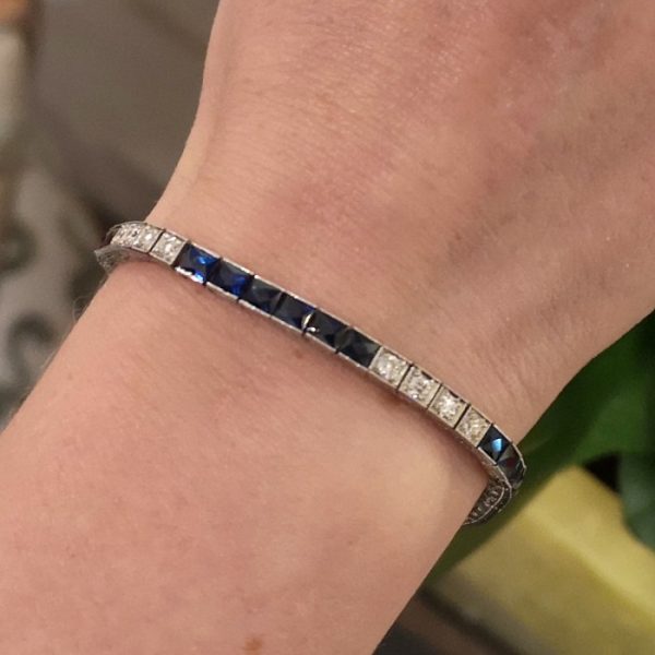 Art Deco Sapphire and Diamond Line Bracelet in Platinum, Circa 1935