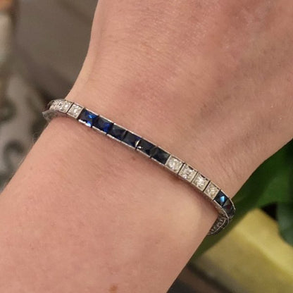 Art Deco Sapphire and Diamond Line Bracelet in Platinum, Circa 1935