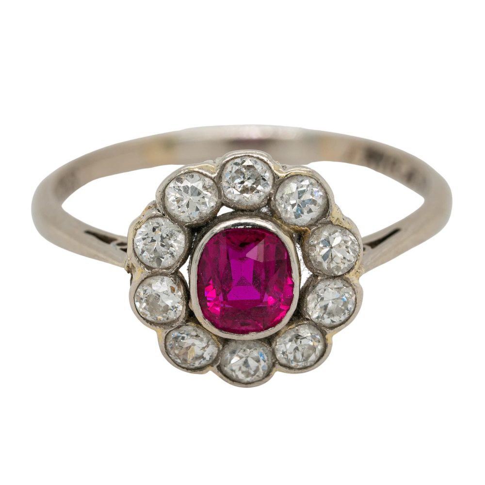Edwardian Antique Ruby and Diamond Floral Cluster Engagement Ring in Platinum