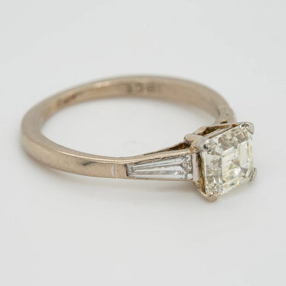 Late Art Deco 1.03ct Asscher Cut Diamond Solitaire Engagement Ring with Tapered Baguette Shoulders