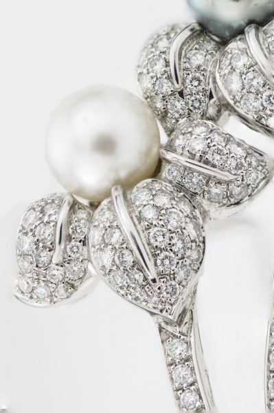 Vintage Natural South Sea and Akoya Pearl and 3ct Diamond Floral Brooch, in 18ct white gold, each pearl estimated 3.00 carats, Circa 1990's