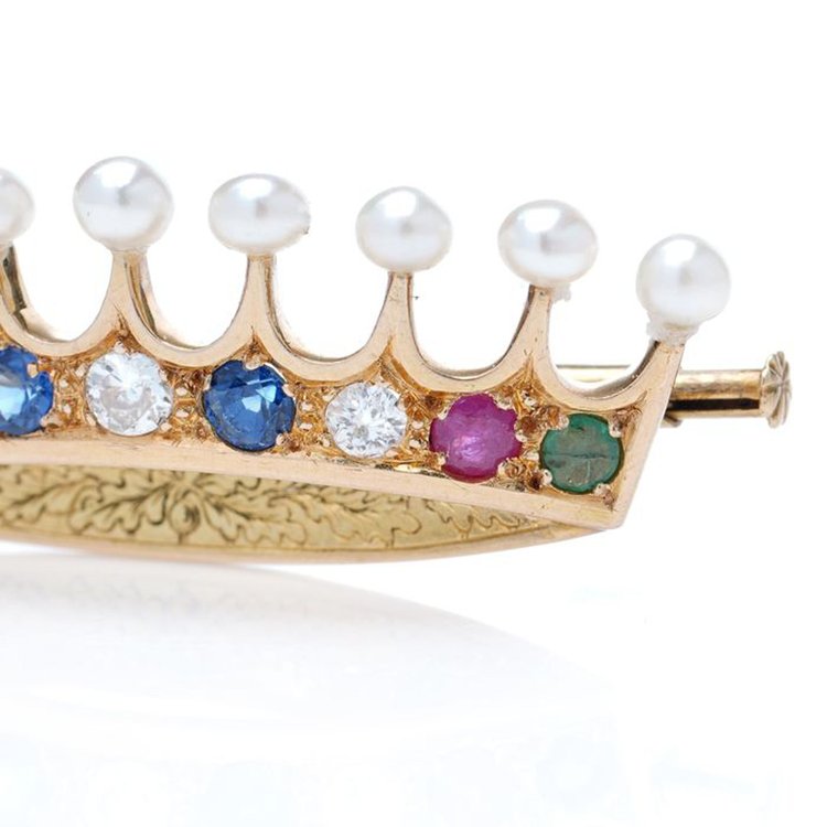 Art Deco 18ct Gold Crown Brooch with Multiple Gemstones and Pearls