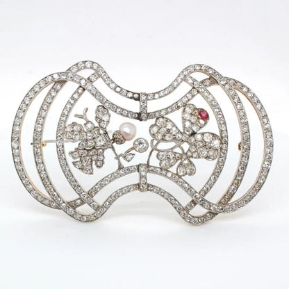 Art Nouveau 10cts Old Cut Diamond Oak Leaf and Trefoil Clover Brooch with Natural Pearl and Ruby