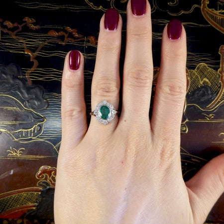Art Deco Style Emerald and Diamond Cluster Plaque Ring, 1.35cts