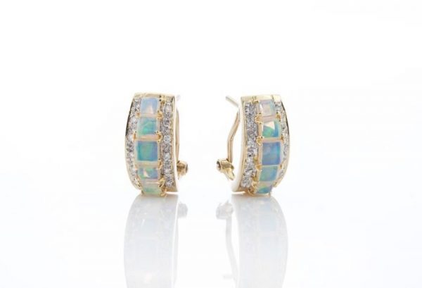 Vintage Opal and Diamond Half Hoop Earrings; 2.42cts graduated square-cut natural opals surrounded by 0.24cts round brilliant-cut diamonds, in 18ct yellow gold, Circa 1970s