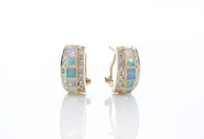 Vintage Opal and Diamond Half Hoop Earrings; 2.42cts graduated square-cut natural opals surrounded by 0.24cts round brilliant-cut diamonds, in 18ct yellow gold, Circa 1970s