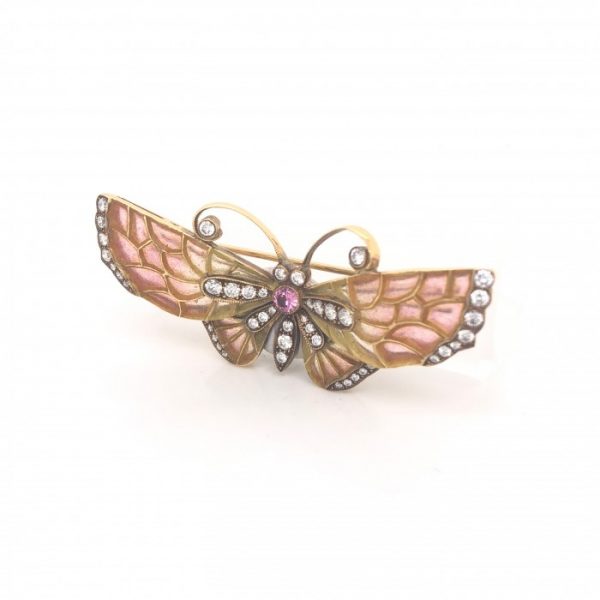 Red to Yellow Enamel and Diamond Butterfly Brooch
