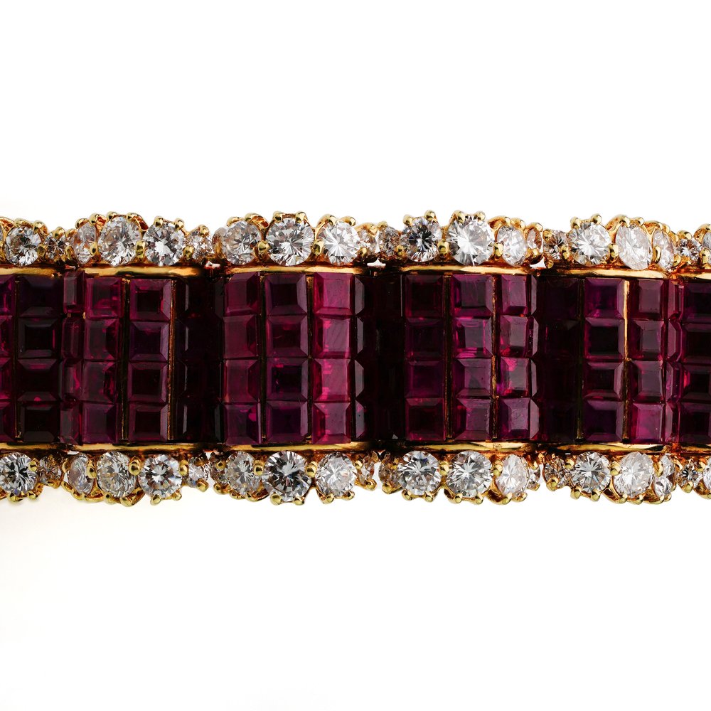 Vintage 14ct Yellow Gold Bangle Bracelet with 18cts Square Cut Rubies and 12.84cts Diamonds Circa 1980s