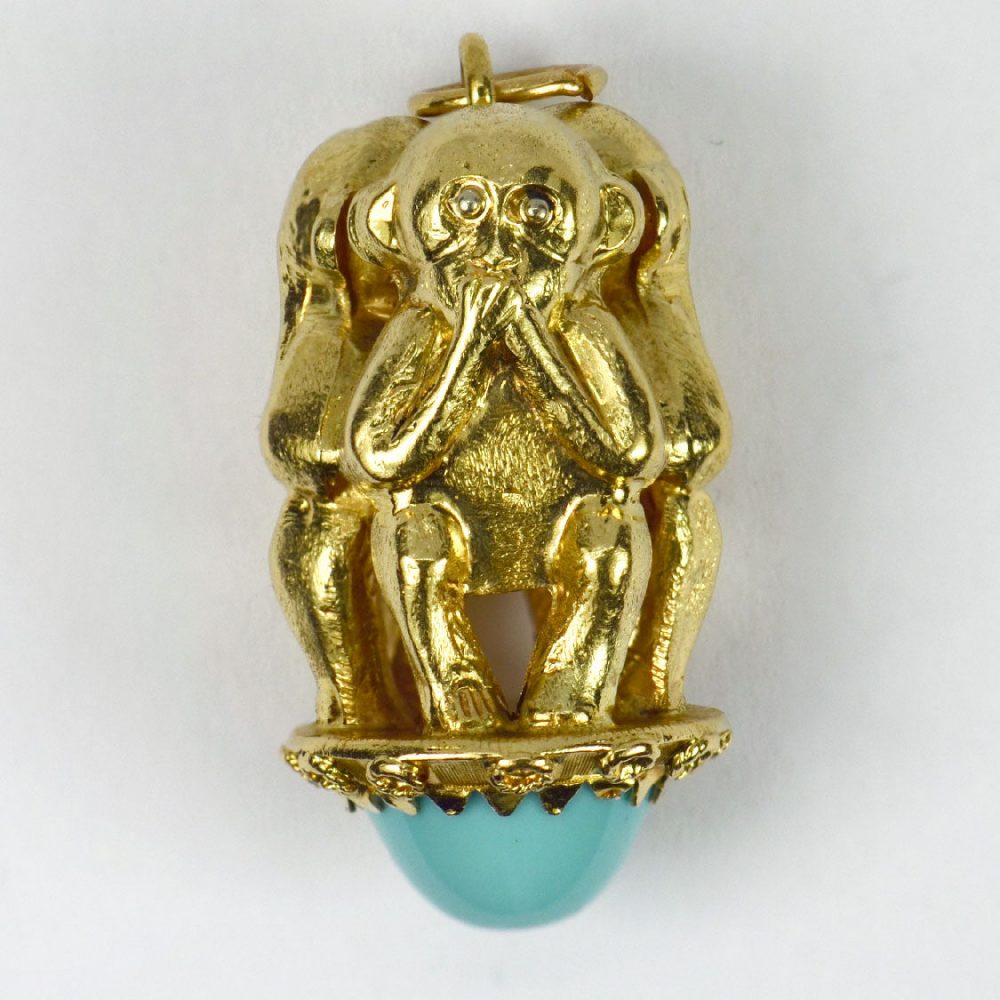 18ct Yellow Gold Three Wise Monkeys and Turquoise Charm Pendant