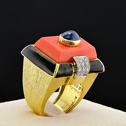 Vintage David Webb Coral Sapphire Enamel Diamond Gold Cocktail Ring