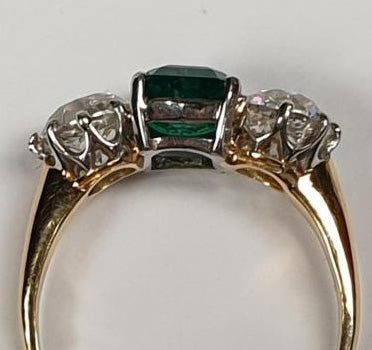 Certified Colombian Emerald and Old Cut Diamond Trilogy Ring
