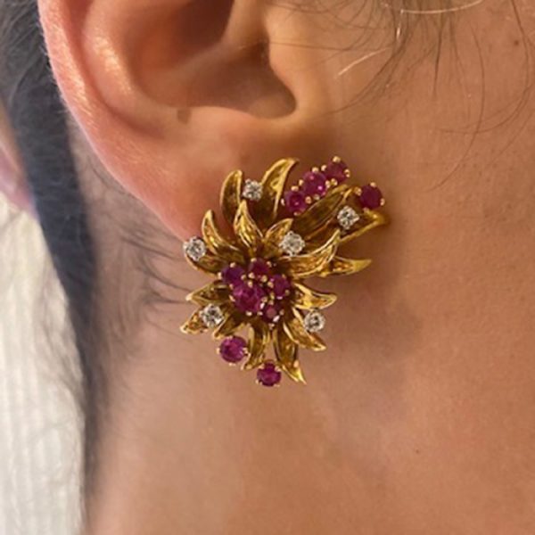 Vintage Ruby, Diamond and 18ct Yellow Gold Floral Earrings; designed as gold petals set with 3.50cts round-cut rubies and 0.75cts round brilliant-cut diamonds, Circa 1960