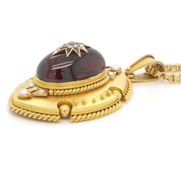 Antique Victorian Ornate Cabochon Garnet and Gold Pendant, Circa 1880