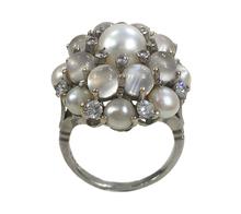 Cats Eye Moonstone and Pearl Cluster Bombe Cocktail Ring