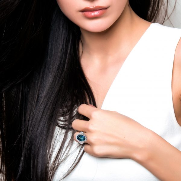 4.69 Oval Indicolite Tourmaline and Diamond Cluster Dress Ring