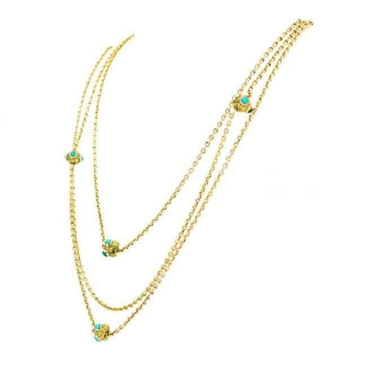 Antique Victorian Turquoise and Gold Necklace; A stunning necklace featuring Turquoises, crafted in 9ct yellow gold. Design Era: Late Victorian (1885-1900).