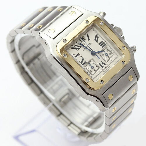 Cartier Santos Galbee Chronograph 29mm Chronoflex Steel and Gold Quartz Watch, Ref 2425, white dial, date indicator, steel and gold bracelet with hidden clasp