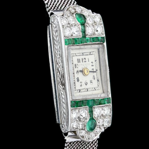Art Deco Diamond, Emerald and Platinum Manual Cocktail Watch by Drecier and Co