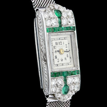 Art Deco Diamond, Emerald and Platinum Manual Cocktail Watch by Drecier and Co