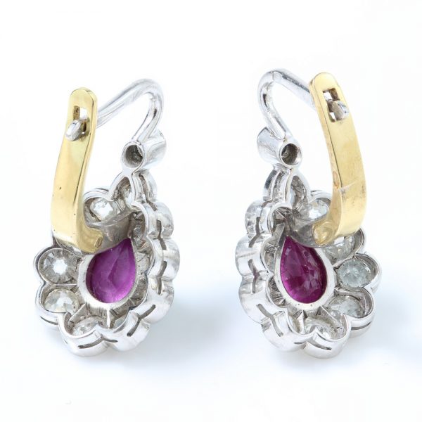 Art Deco Pink Sapphire and Old Cut Diamond Pear Shaped Drop Earrings