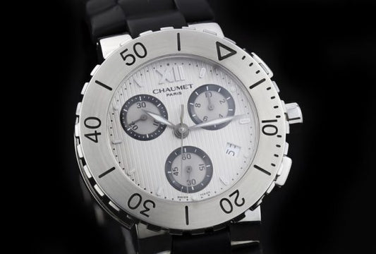 Chaumet Class One 625B Stainless Steel 40mm Chronograph Quartz Watch, white face, baton hour markers, Roman numerals at 12, Circa 2000-2010