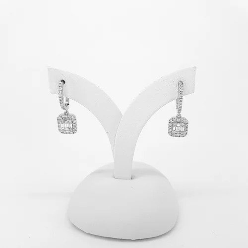 Baguette Cut Diamond Cluster Drop Earrings; baguette-cut diamond clusters, surrounded by diamond halos, and suspended from diamond set drops, 0.66 carat total, in 18ct white gold