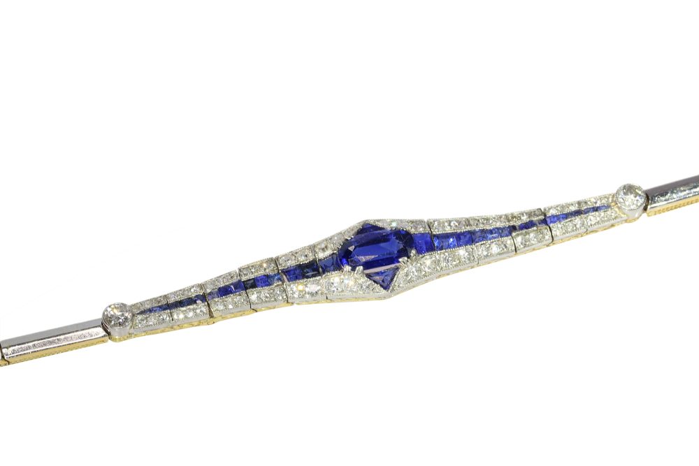 Art Deco Old Cut Diamond And Sapphire Bracelet In 18 Carat Yellow And White Gold