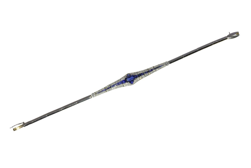 Art Deco Old Cut Diamond And Sapphire Bracelet In 18 Carat Yellow And White Gold