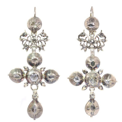 Rare Antique Diamond Set Gold Flemish Cross Earrings