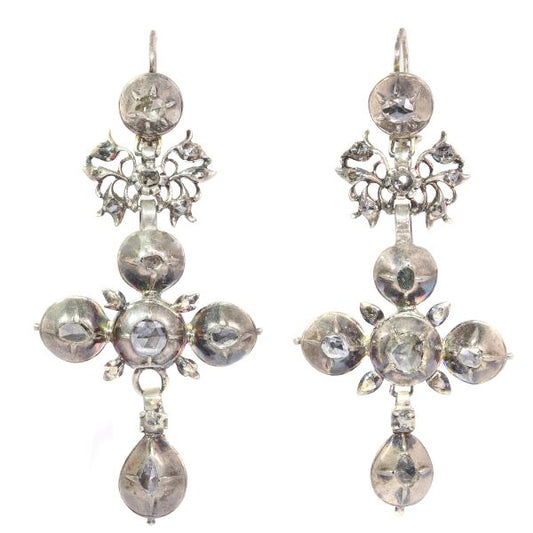 Rare Antique Diamond Set Gold Flemish Cross Earrings