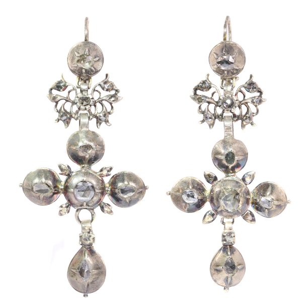 Rare Antique Diamond Set Gold Flemish Cross Earrings