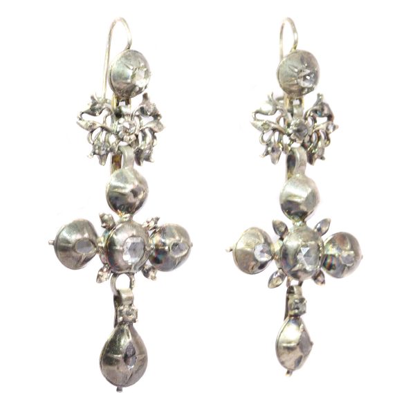 Rare Antique Diamond Set Gold Flemish Cross Earrings