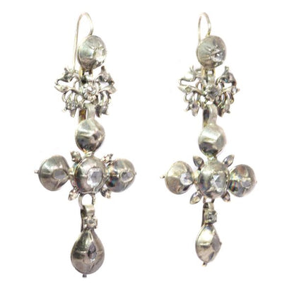 Rare Antique Diamond Set Gold Flemish Cross Earrings