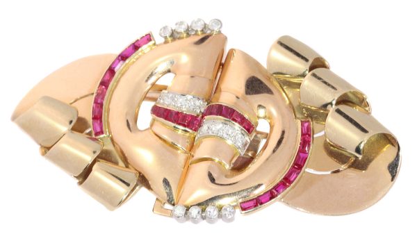 Retro Three Colour Gold Diamond and Ruby Set Double Clip