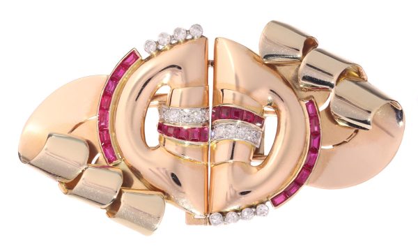 Retro Three Colour Gold Diamond and Ruby Set Double Clip