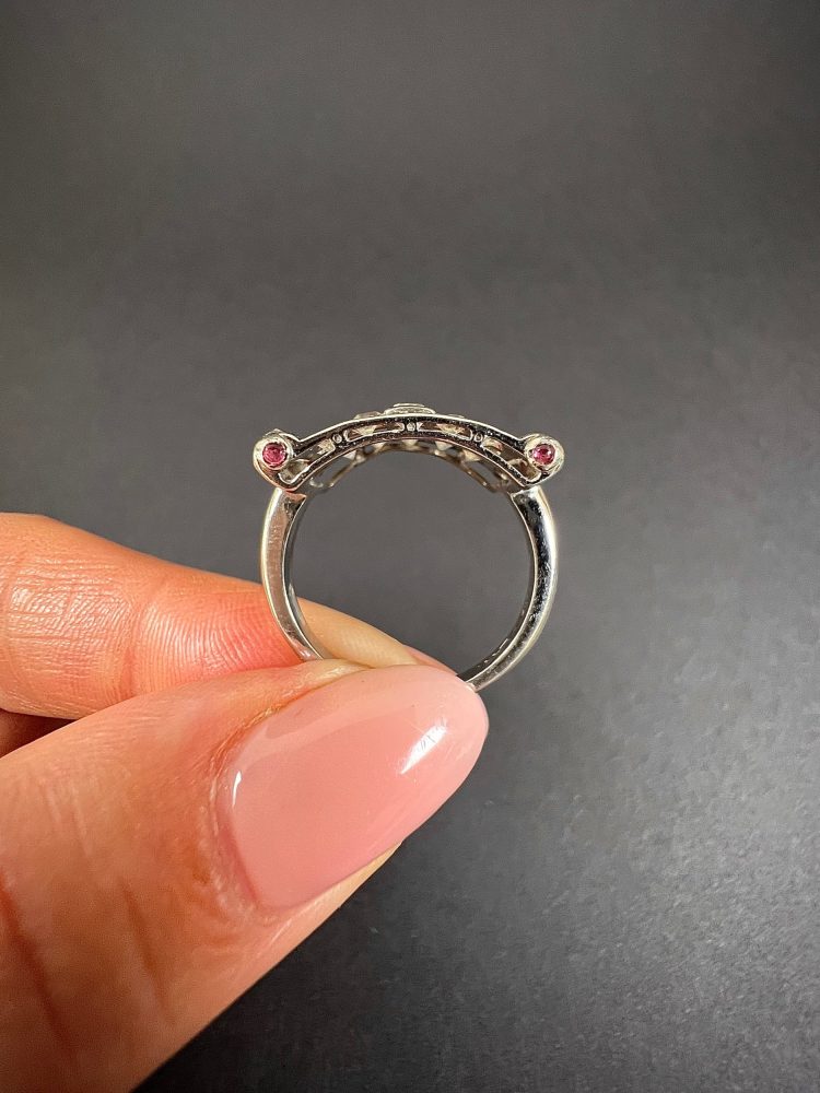 Vintage Diamond And Ruby Buckle Style Cocktail Ring In Platinum