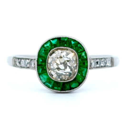 Emerald, Old Mine-Cut Diamond and Platinum Halo Cluster Ring