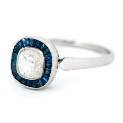 Platinum, Sapphire and Diamond Halo Cluster Ring, 0.55 Carat