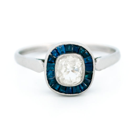 Platinum, Sapphire and Diamond Halo Cluster Ring, 0.55 Carat