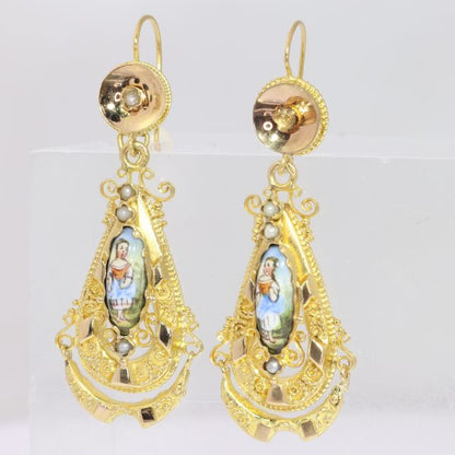 Antique Victorian Biedermeier Enamelled 18ct Gold Pendant Earrings