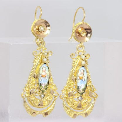 Antique Victorian Biedermeier Enamelled 18ct Gold Pendant Earrings